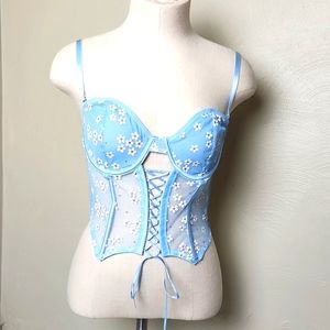 Blue floral sexy corset bustier lingerie top underwire bra large